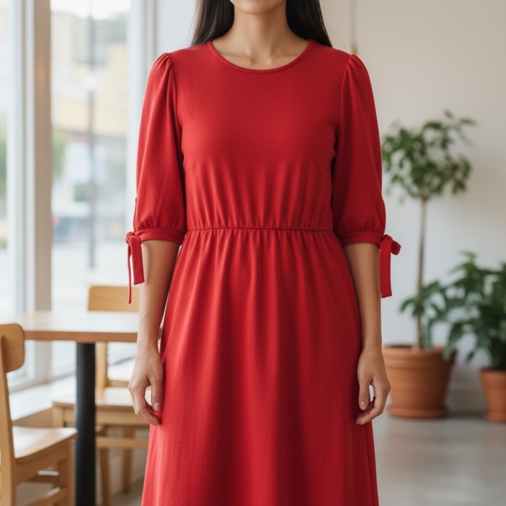 Red Elastic Waist‎ Midi Dress